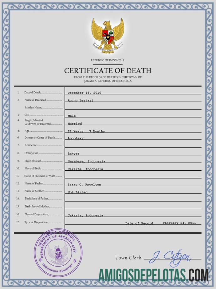 Realista modelo PSD de certidão de óbito de registro vital da Indonésia